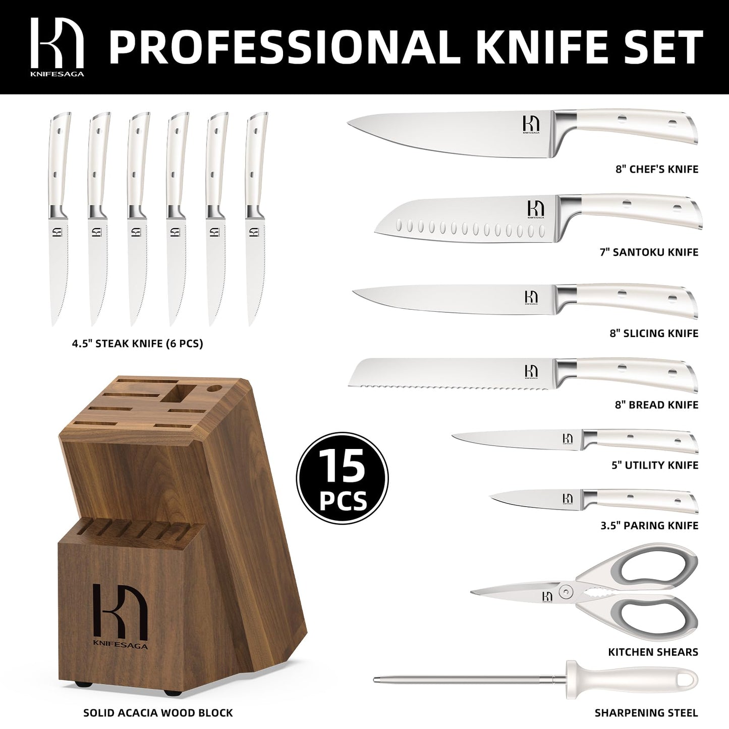 Knifesaga X3 Pro-Knife Set 15 Pcs (White)