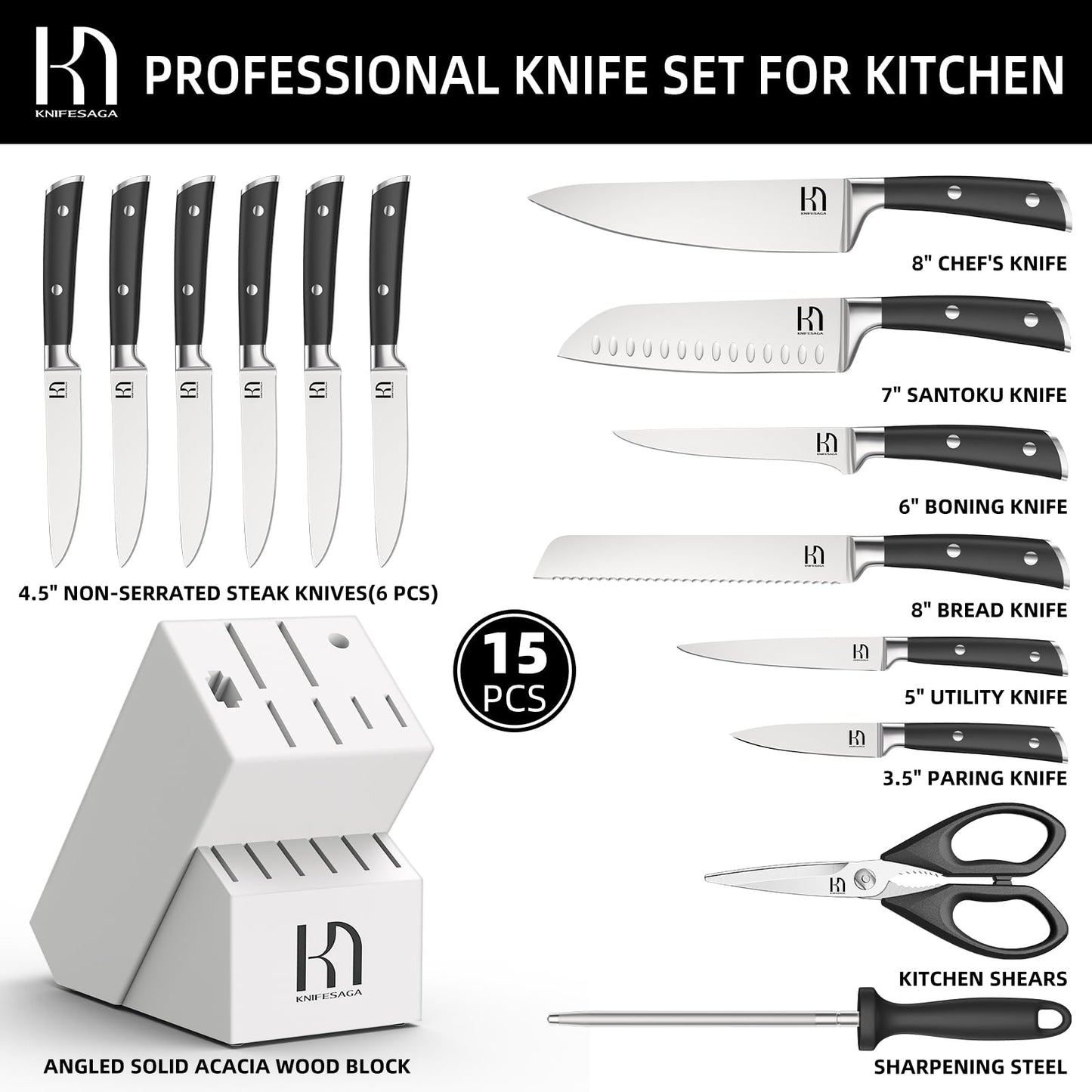 Knifesaga X3S-PRO Japanese High Carbon Stainless Steel Kitchen Knife Block Set White 15 Pcs White