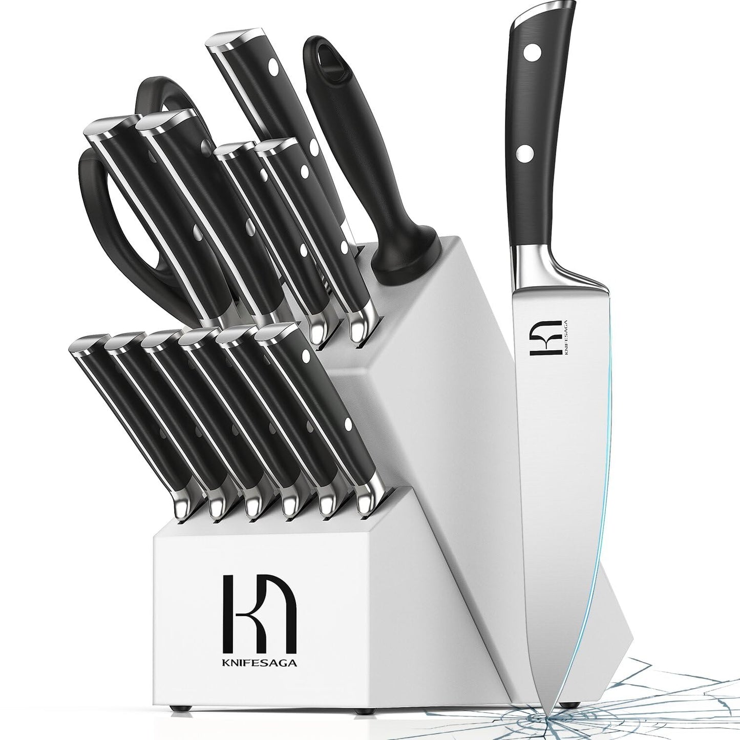 Knifesaga X3S-PRO Japanese High Carbon Stainless Steel Kitchen Knife Block Set White 15 Pcs White