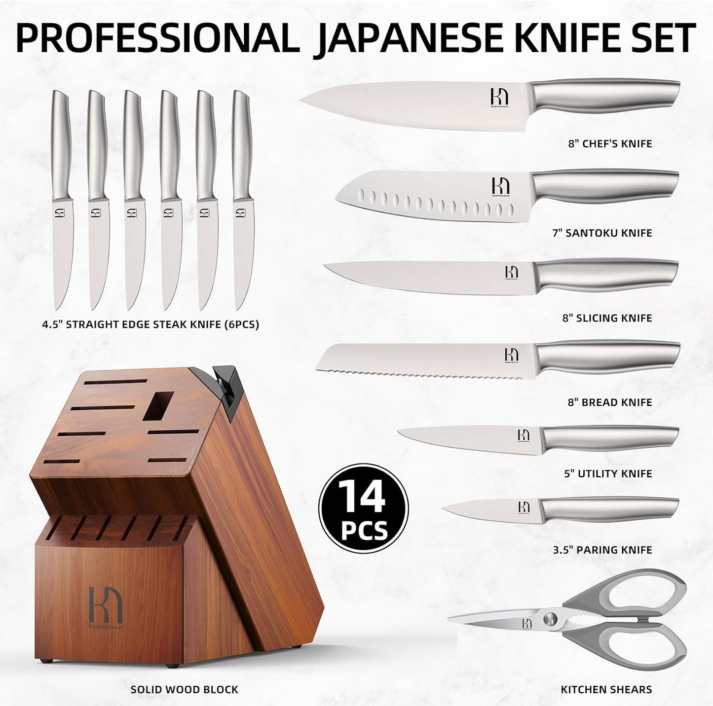 Knifesaga Knife Set Premium, Japanese High Carbon Stainless Steel 14 Pcs Kitchen Knives Block Set