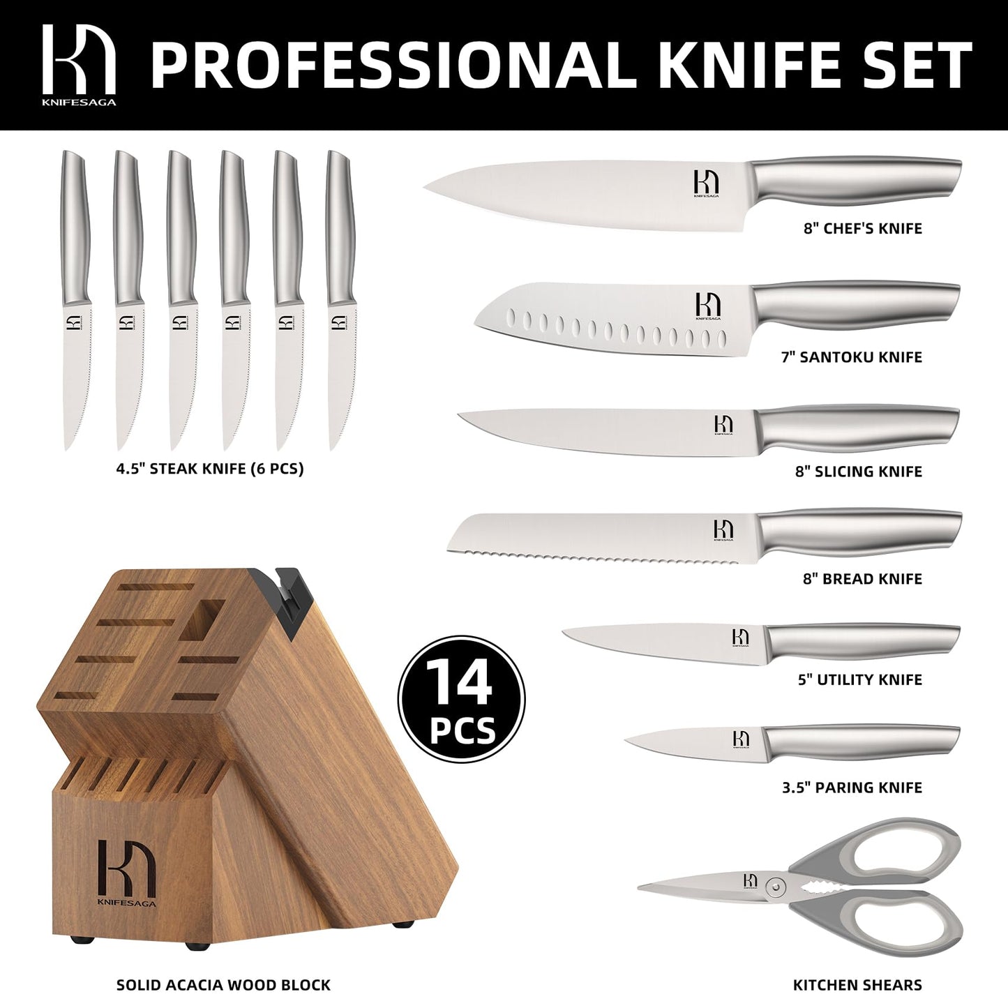 Knifesaga X3 Pro-Knife Set 14Pcs (Silver)