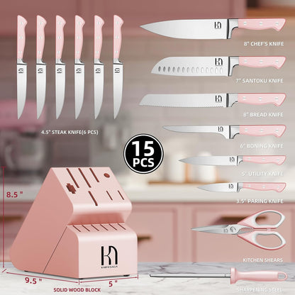 KnifeSaga X4 Pro High Carbon Stainless Steel Kitchen Knife Set 15Pcs (Pink)