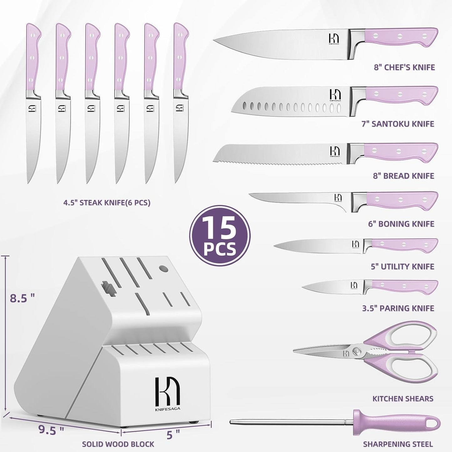 KnifeSaga X4 Pro High Carbon Stainless Steel Kitchen Knife Set 15Pcs (Purple)