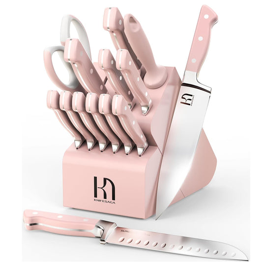 KnifeSaga X4 Pro High Carbon Stainless Steel Kitchen Knife Set 15Pcs (Pink)