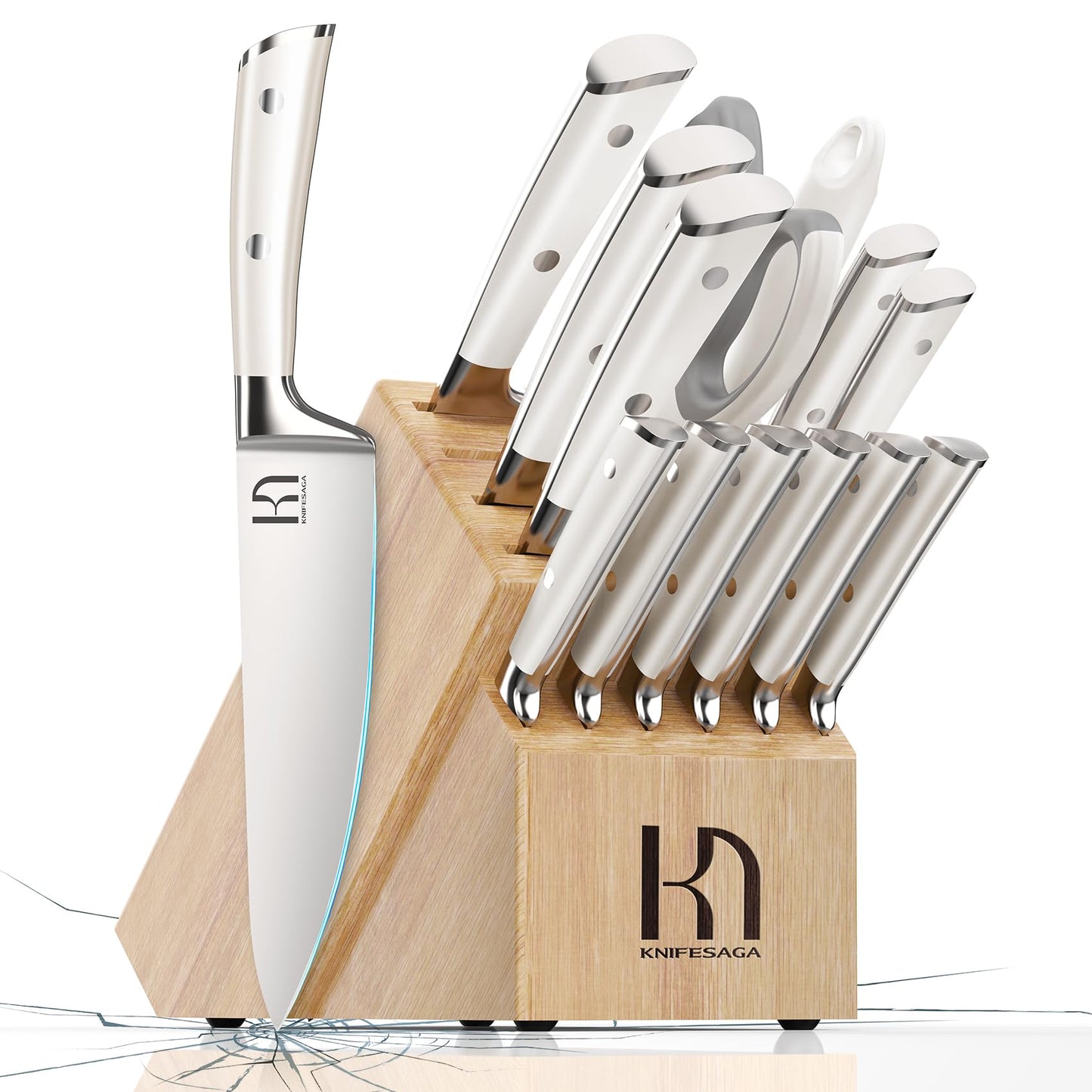 Knifesaga X3 Pro-Natural Wood Block Knife Set (White)