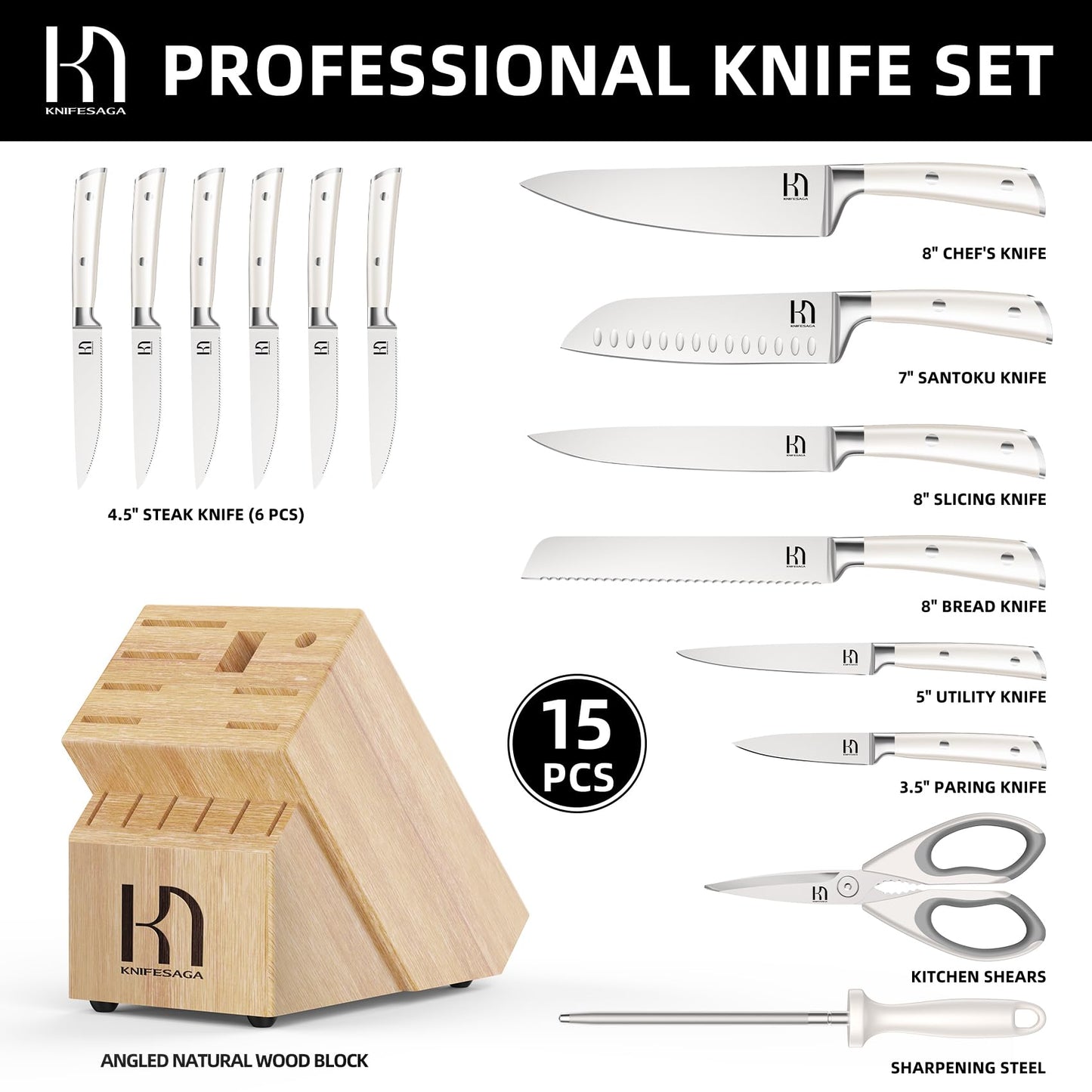 Knifesaga X3 Pro-Natural Wood Block Knife Set (White)