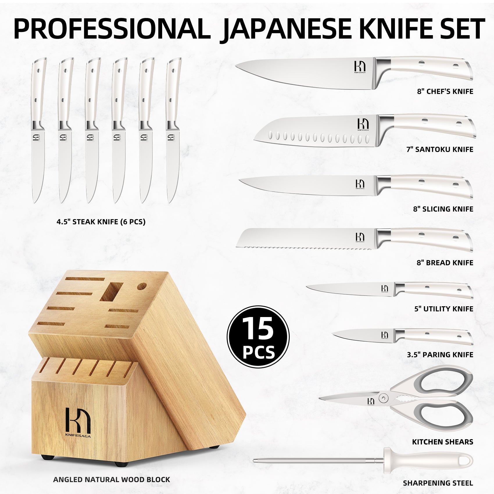 Knifesaga X3 Pro-Natural Wood Block Knife Set (White) – KnifeSaga